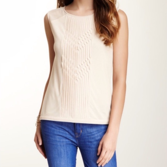 BCBGMaxazria Dafina Top in Tapioca / Oatmeal Blush sz S - with Geometric Tulle - Picture 1 of 6